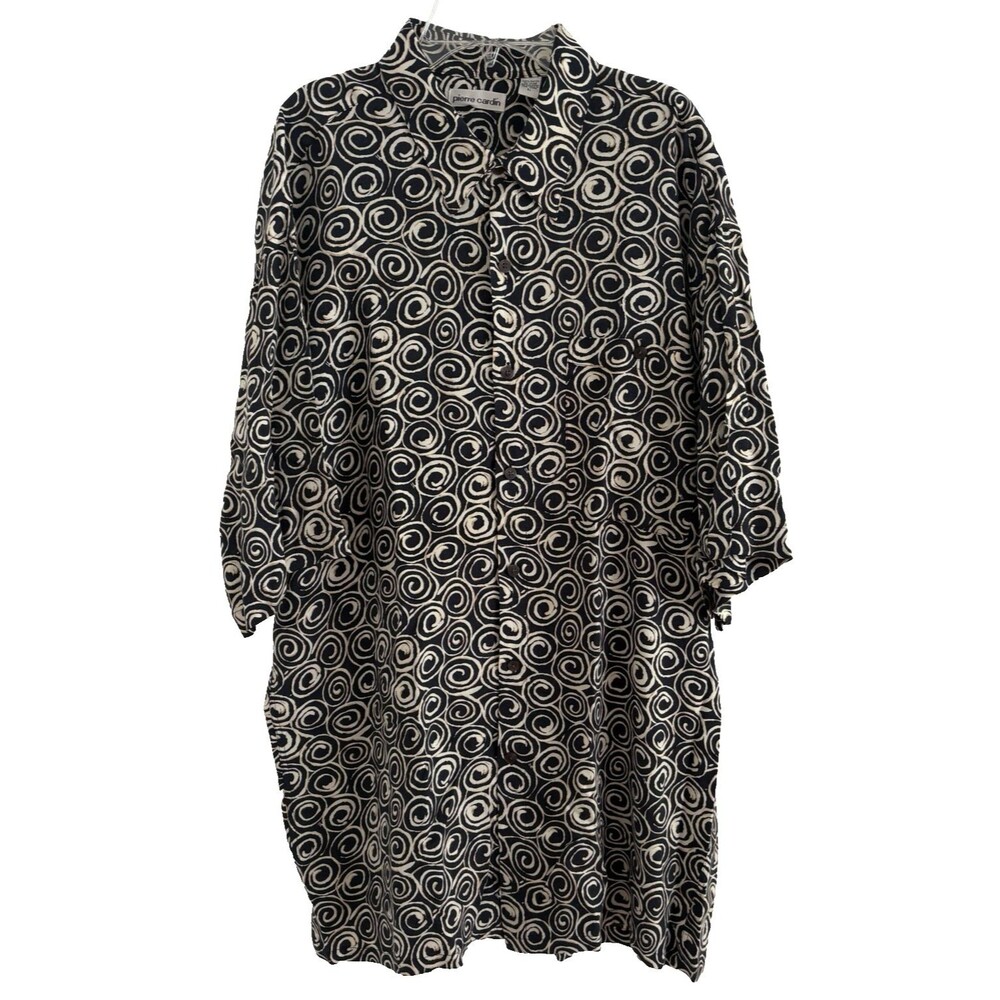 Pierre Cardin Shirt Mens L Vintage 100% Rayon Made in Korea Black Tan Geometric